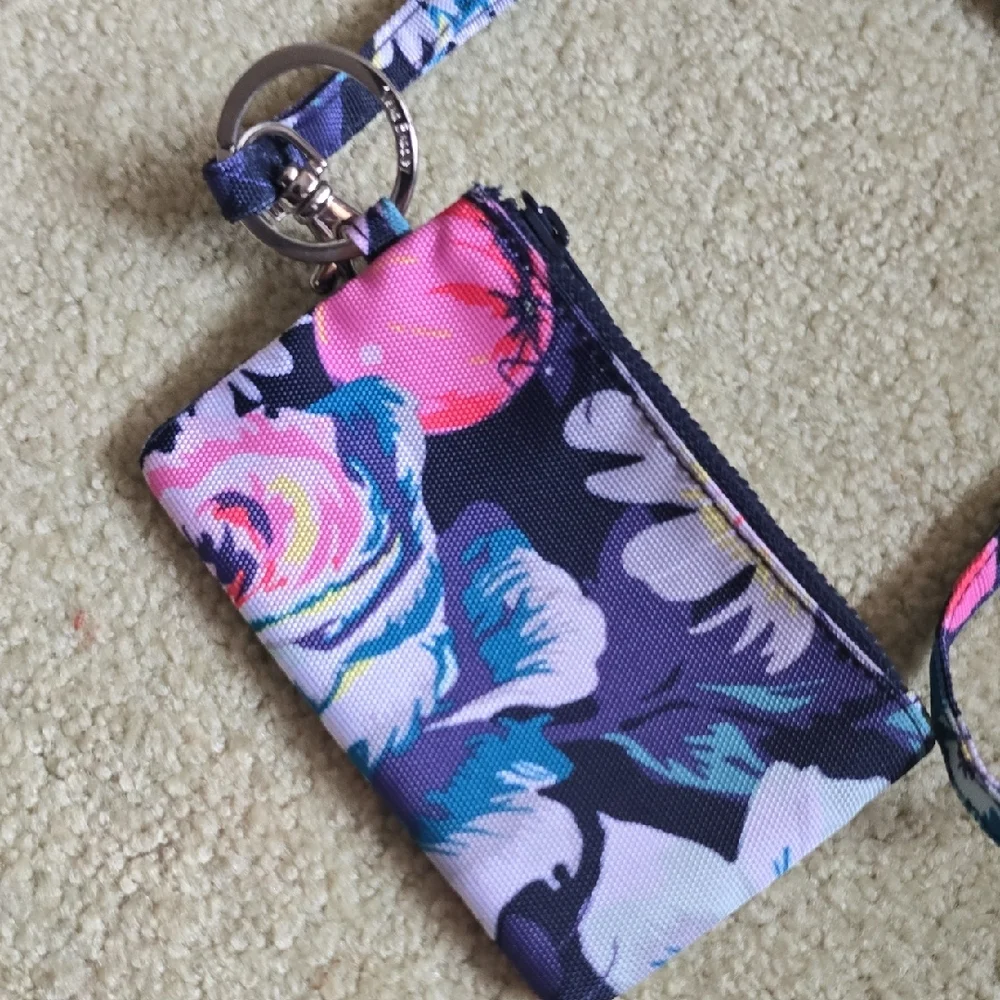 Vera Bradley Black Floral Lanyard ID Holder with Pink & Blue Accents